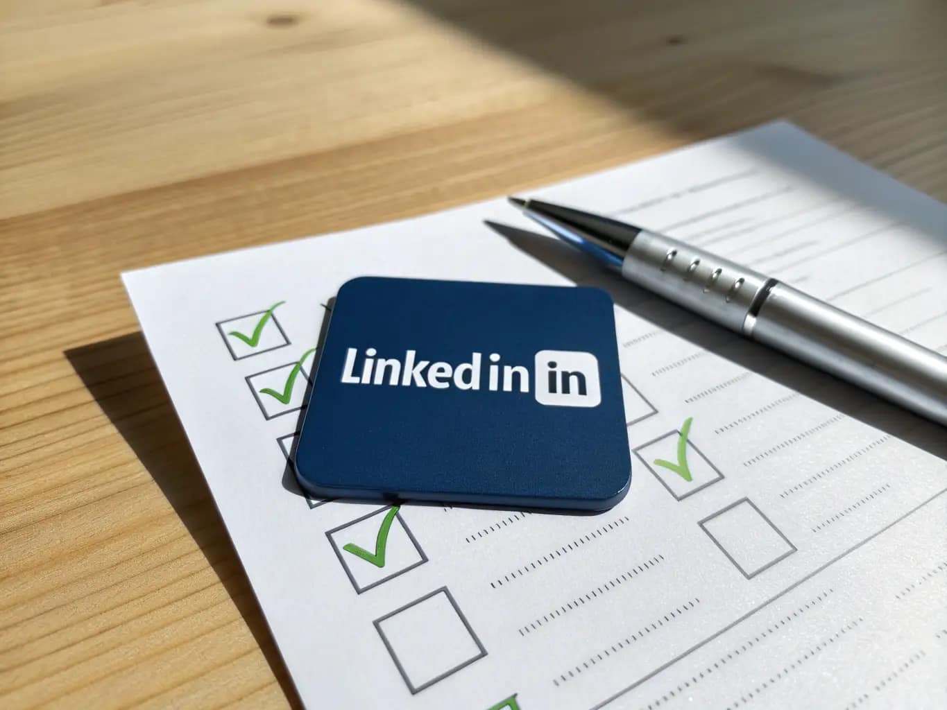 A close-up shot of the FindJobsCanada LinkedIn checklist, partially filled, with checkmarks indicating completed steps. The background is a blurred image of the LinkedIn website interface.